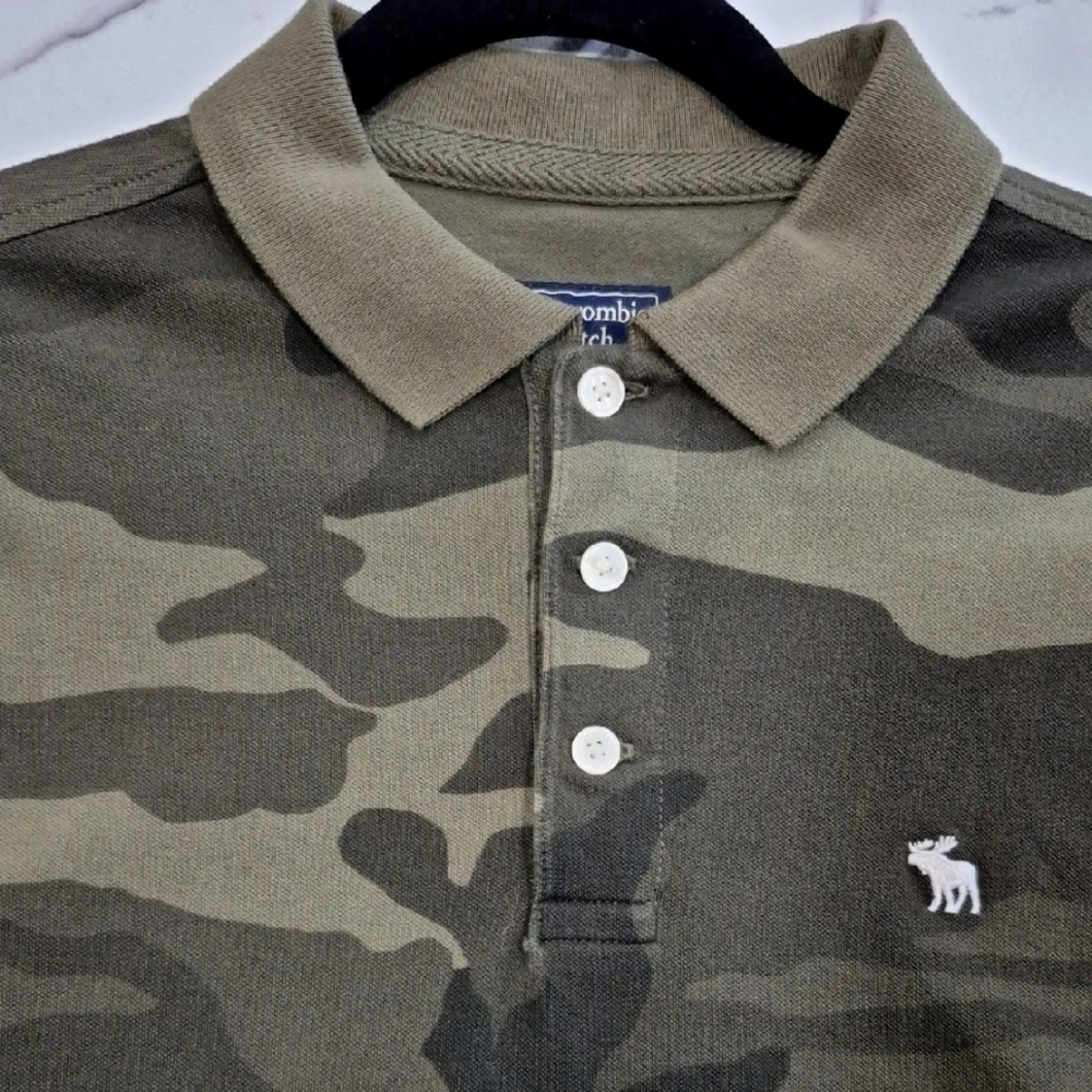 EUC Abercrombie & Fitch Camo Polo Shirt, Army Green, Mens Large